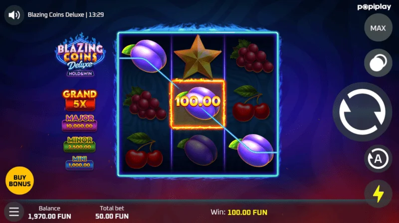 Blazing Coins Deluxe pamata spēles laimests
