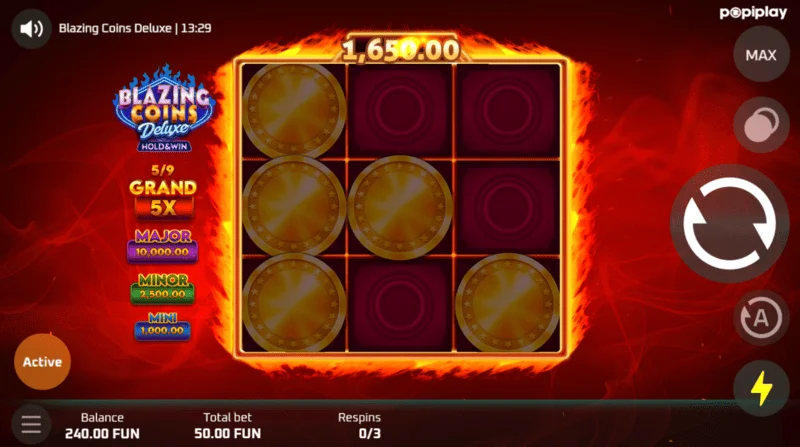 Blazing Coins Deluxe atkārtota grieziena spēles ekrāns