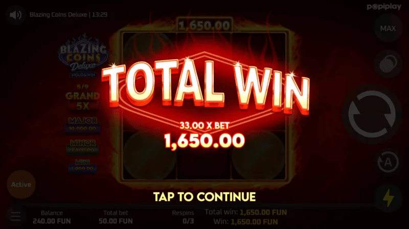 Blazing Coins Deluxe atkārtota grieziena kopējais laimests